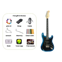 A blue electric guitar is shown next to a rounded inset listing of included free gift accessories, including a pick set, strap, cable, wrenches, a clean cloth, a ruler, a tuner app, and a free course.