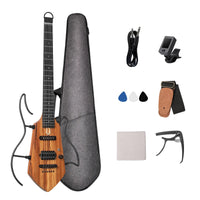 A compact electric guitar with a wood-grain body, shown with its gray hard case and accessories on a white background. Accessories include a cable, clip-on amp, picks, strap, tuner, and cleaning cloth.