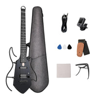 Black electric guitar with a matching hard case, shown with accessories including a cable, clip-on amp, picks, strap, tuner, and cleaning cloth on a white background.