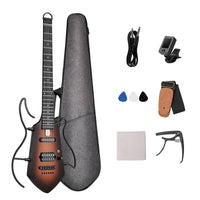 Electric guitar set with a dark brown sunburst body, black neck, gray hard case, cable, clip, picks, strap, tuner, and capo arranged on a white background.