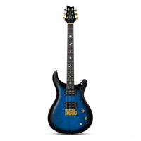 A electric guitar with a blue-to-black sunburst finish, black maple neck, and gold hardware, shown against a plain white background.