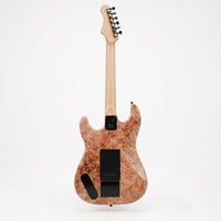 The back of an electric guitar with a natural light wood neck and a maple burl wood body showing a prominent wavy grain pattern in warm brown and beige tones, photographed against a solid white background.