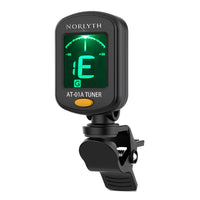 A black Norlyth AT-01A digital guitar clamp tuner with a green LCD screen displaying an 'E' note, set against a plain white background.