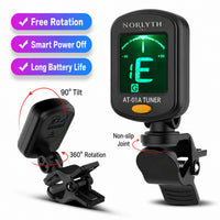 NORLYTH AT-01A digital guitar clamp tuner shown on a white background with feature callouts and angle diagrams. The tuner is black with a green display screen and orange button.