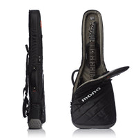 Black MONO electric guitar gig bag shown in two views: a closed side profile and an open front view displaying the interior with a black guitar inside. The bag features quilted stitching, a shoulder strap, and the white 'mono' brand logo on the lower front.