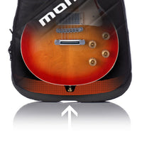 A black guitar-shaped carrying case or cover featuring a printed sunburst electric guitar design, shown against a white background with a reflection below and a white upward arrow graphic.