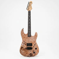 A custom electric guitar with a natural figured burl wood body featuring a printed tabloid-style cat illustration on the lower half. The guitar has a black neck, black pickups, and a black headstock with a visible PurrRock logo of Norlyth.