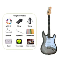 A silver electric guitar with a black pickguard and maple headstock is shown next to a rounded inset listing the included free gifts: a multicolor pick wheel, strap, cable, wrenches, a warm grip, cleaning cloth, tuner app, ruler, and free course.