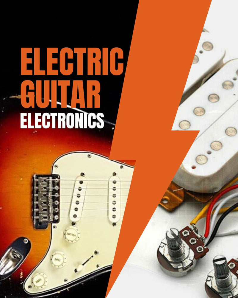 Electric Guitar Electronics book cover featuring Stratocaster guitar, pickups, potentiometer electronics parts and orange lightning bolt split layout