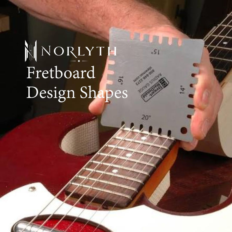 A hand holds a metal fretboard design shape tool over a red electric guitar neck. The tool has measurement markings and the words 'NORLYTH Fretboard Design Shapes' are overlaid on the image.