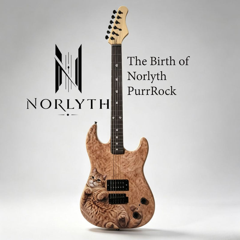 Norlyth PurrRock cat-themed custom electric guitar, personalized cat graphic strat style guitar