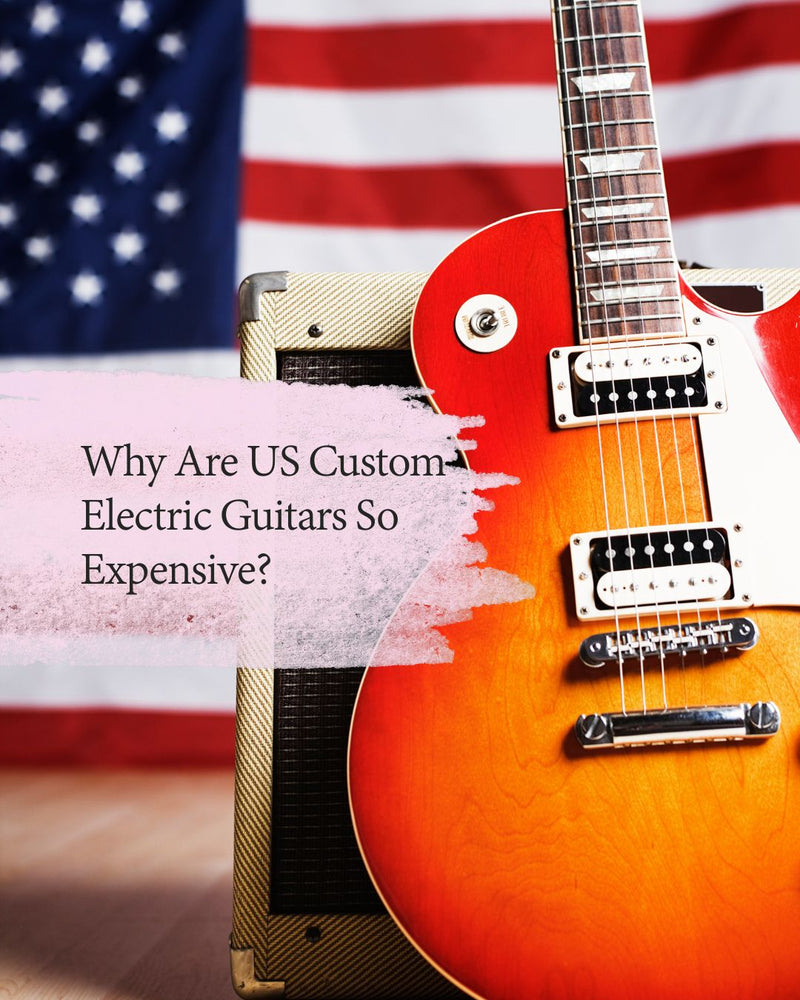 Cherry sunburst Les Paul electric guitar with vintage tube amp against American flag, blog cover text Why Are US Custom Electric Guitars So Expensive?