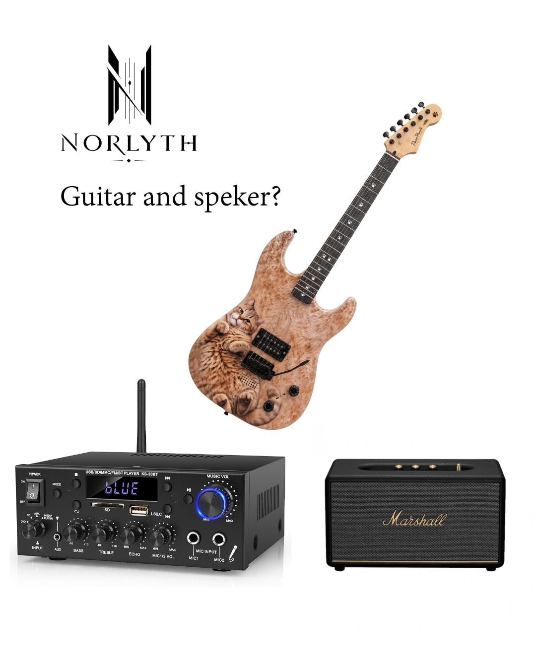 A promotional composite on a white background showing a natural wood electric guitar, a black Norlyth wireless amplifier, and a black Marshall speaker. Text at the top reads 'NORLYTH Guitar and speaker?'.