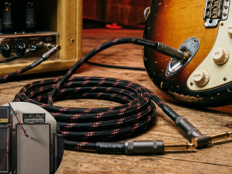 Braided guitar cable laid with vintage electric guitar and tweed tube amp on wooden floor