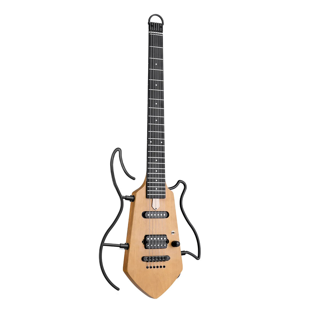 A unique electric guitar with a natural wood body, black neck, and a black metal support stand, shown against a plain white background.