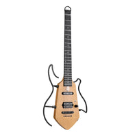 A unique electric guitar with a natural wood body, black neck, and a black metal support stand, shown against a plain white background.