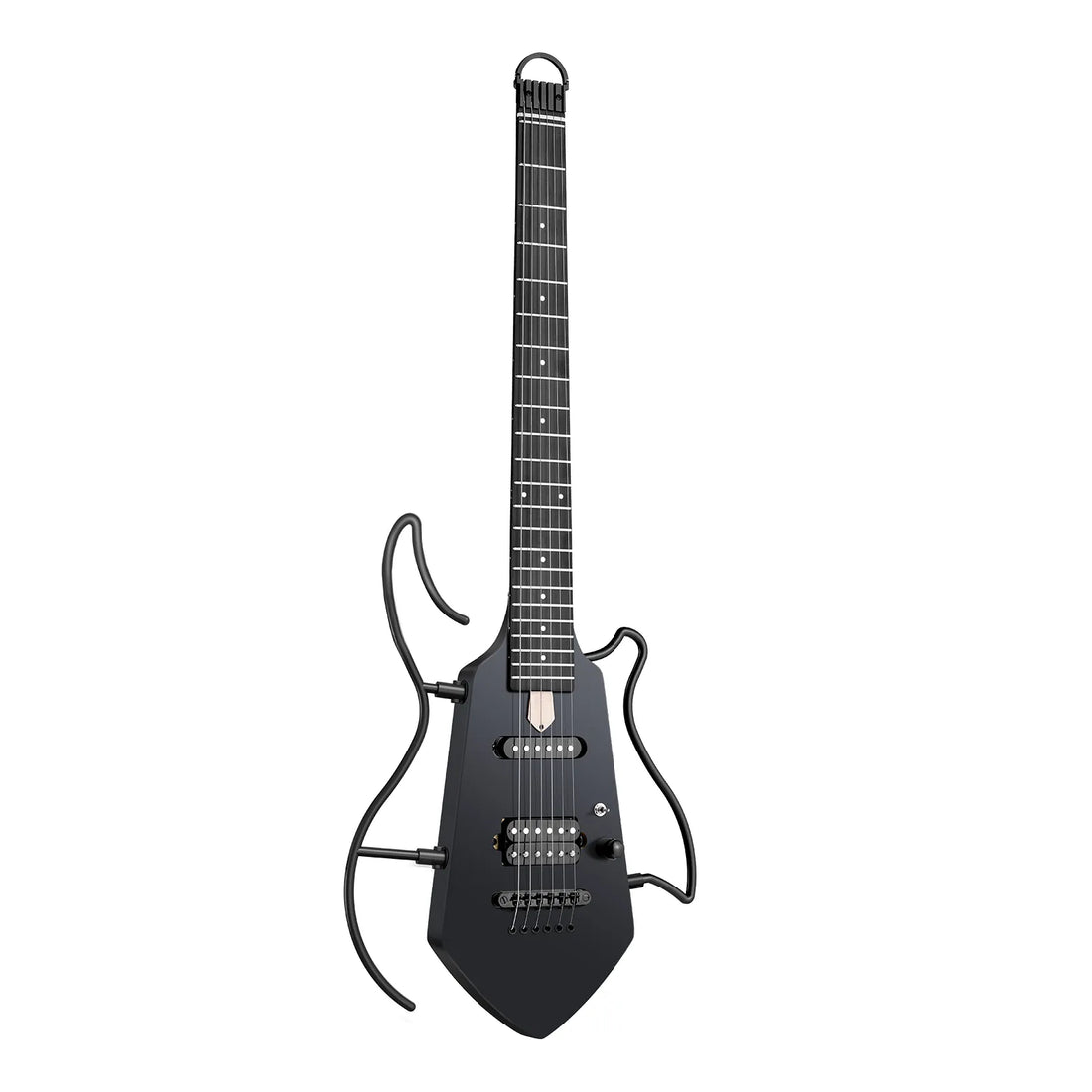 A black electric guitar with a unique, stylized body and matching decorative neck, shown against a plain white background.