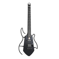 A black electric guitar with a unique, stylized body and matching decorative neck, shown against a plain white background.