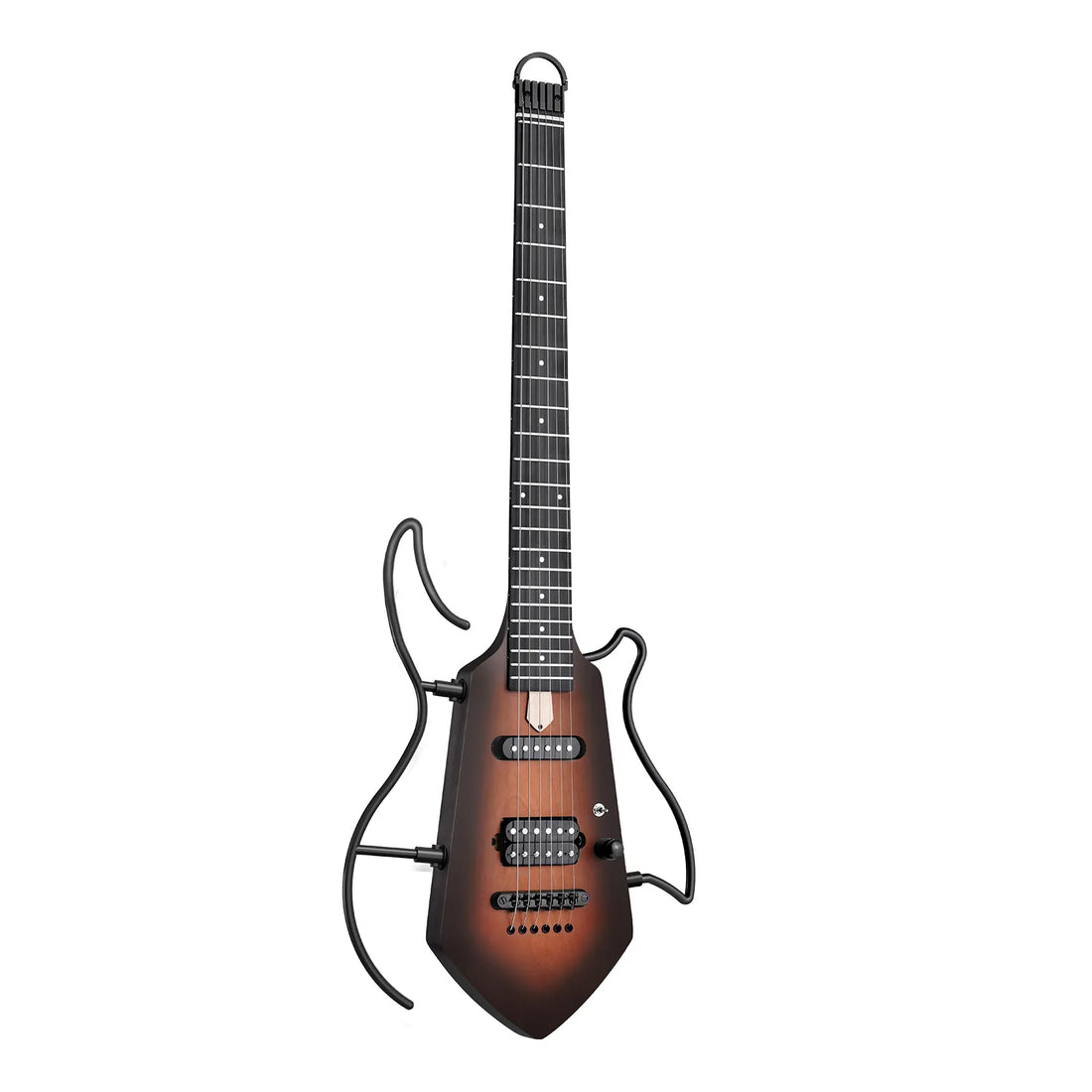 A unique electric guitar with a curved body and neck, featuring a dark brown sunburst finish and black hardware, displayed against a solid white background.