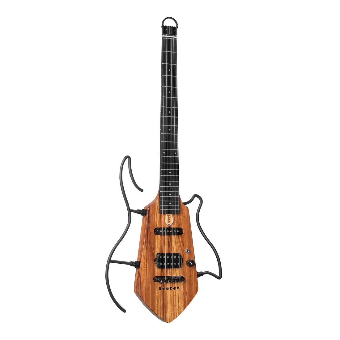 An electric guitar with a unique curved wooden body and black metal side supports, shown against a plain white background.