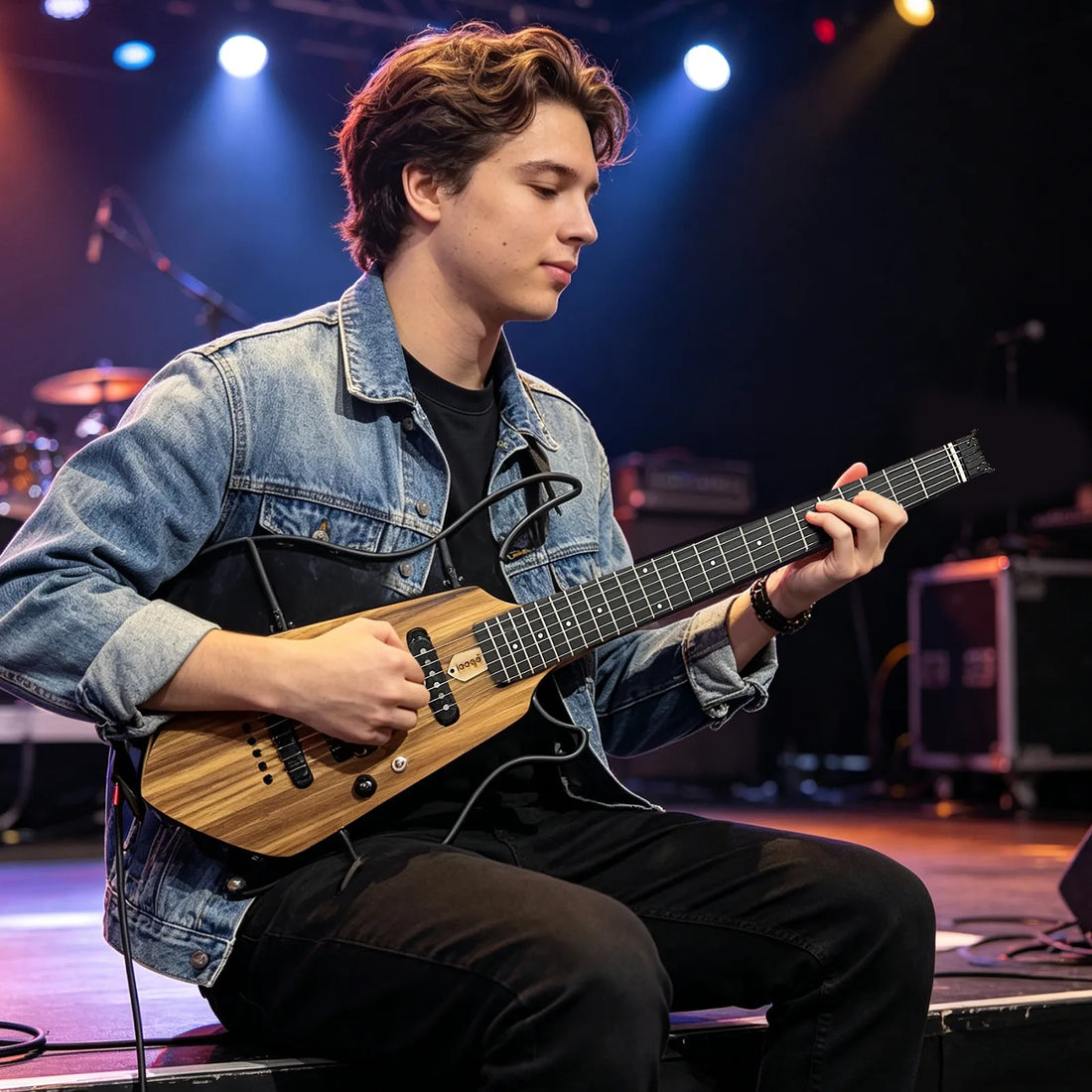 A young man with light brown hair sits on a stage, holding and playing a modern electric guitar with a distinctive wood-grain back and a black body. He is wearing a blue denim jacket over a black t-shirt and black pants, with concert stage lights in the background.
