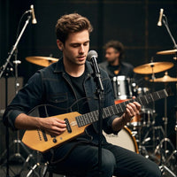 Man playing guitar in a music studio with microphones and drums in the background