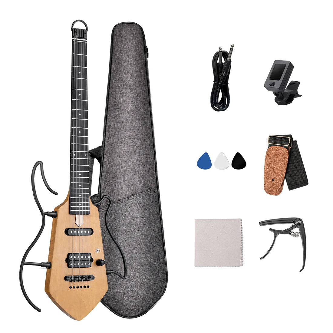 A compact electric guitar with a natural wood body, black neck, and attached black bow, shown with a gray hard case and accessories on a white background. Accessories include a cable, clip-on amp, picks, strap, tuner, and cloth.
