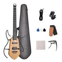 A compact electric guitar with a natural wood body, black neck, and attached black bow, shown with a gray hard case and accessories on a white background. Accessories include a cable, clip-on amp, picks, strap, tuner, and cloth.
