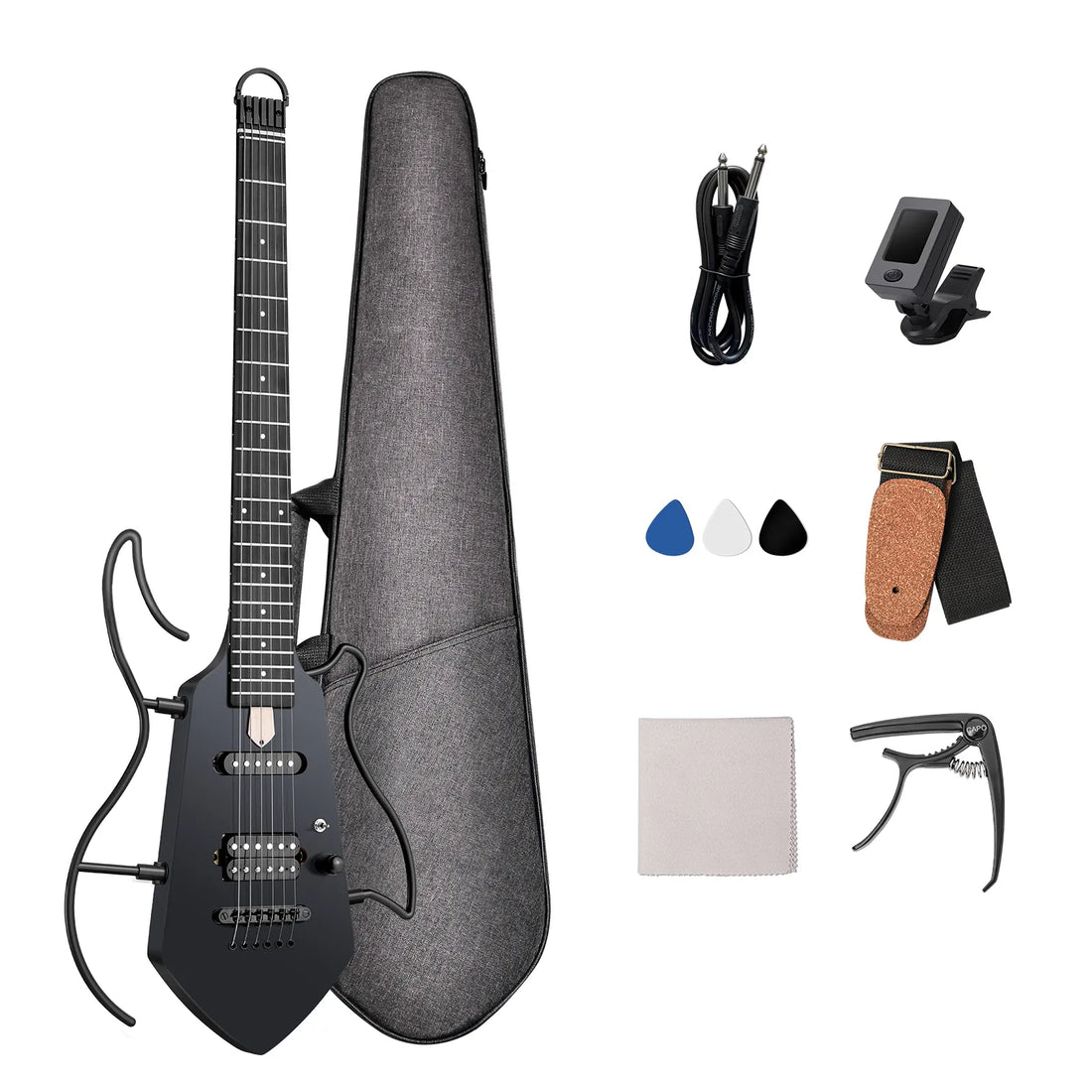 Black electric guitar with a matching hard case, shown with accessories including a cable, clip-on amp, picks, strap, tuner, and cleaning cloth on a white background.