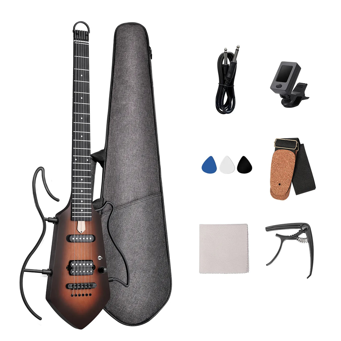 Electric guitar set with a dark brown sunburst body, black neck, gray hard case, cable, clip, picks, strap, tuner, and capo arranged on a white background.