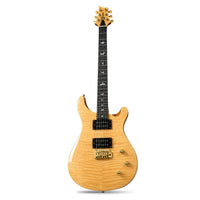 A classic electric guitar with a natural maple top, black body contours, gold hardware, and a black neck with white inlays, shown against a plain white background.