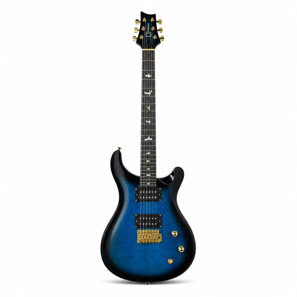 A electric guitar with a blue-to-black sunburst finish, black maple neck, and gold hardware, shown against a plain white background.