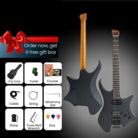 Two black electric guitars with natural wood necks are shown on a dark gradient background, alongside a red gift box offer graphic and a 9-piece free gift box contents list including a gig bag, tuner, course, cable, string, whammy bar, starp, truss rod wrench, and picks.