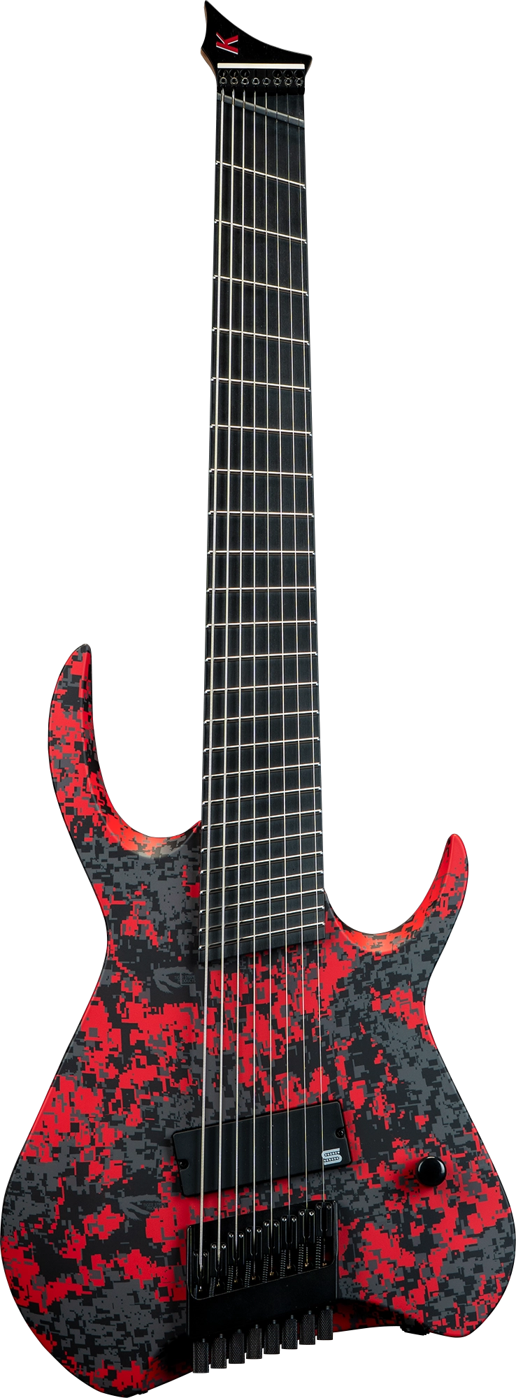 A modern six-string electric guitar with a black and red splatter pattern on the body, shown against a plain white background.