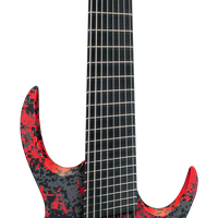 A modern six-string electric guitar with a black and red splatter pattern on the body, shown against a plain white background.
