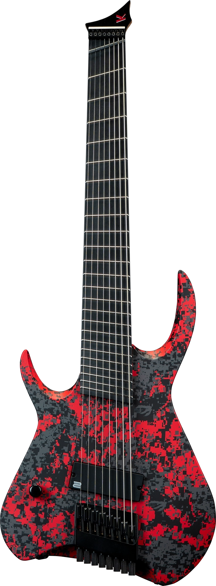 A 6-string electric guitar with a black and red digital camouflage pattern on the body, shown against a plain white background.