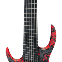 A 6-string electric guitar with a black and red digital camouflage pattern on the body, shown against a plain white background.
