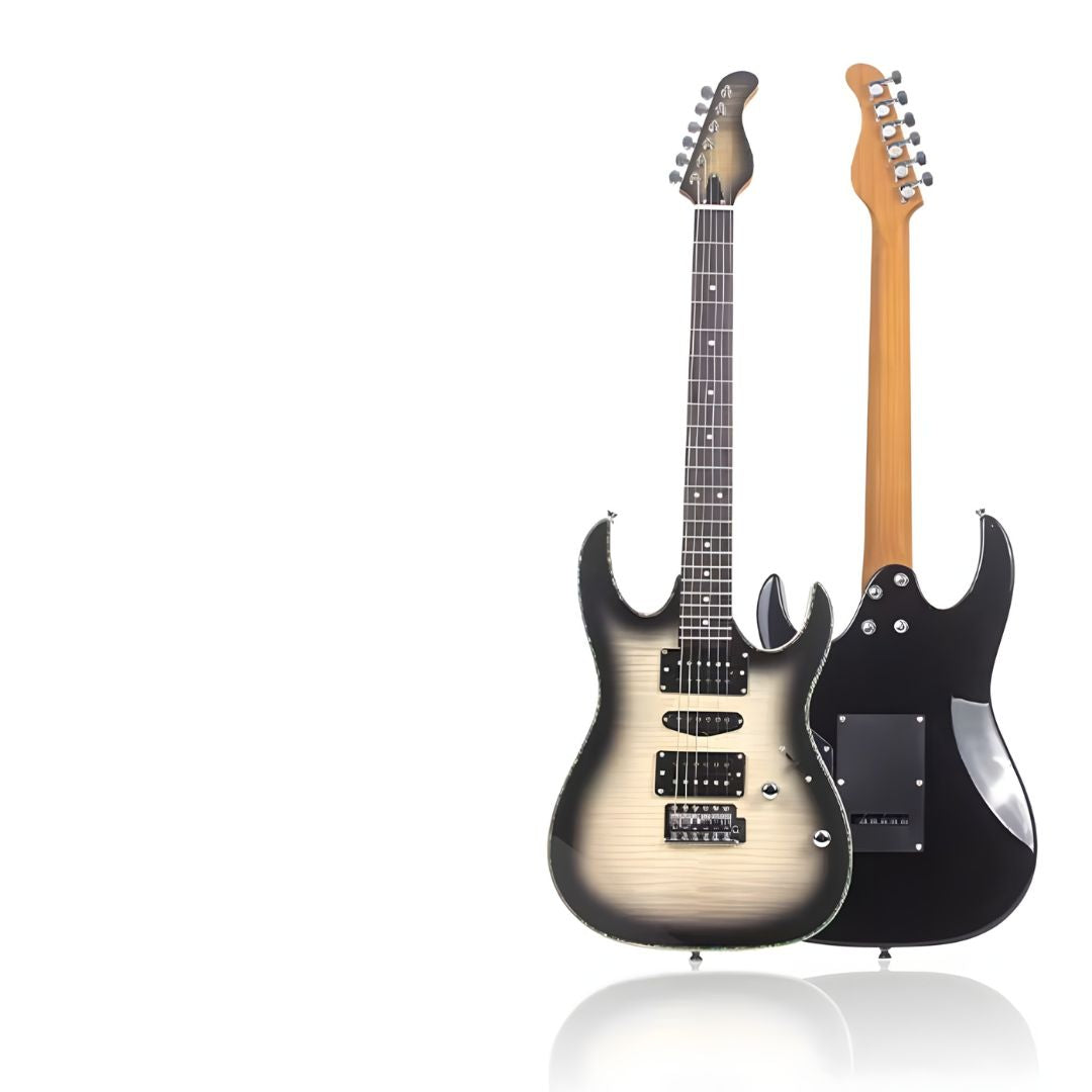Two electric guitars on a white background, one with a sunburst finish and one solid black, both showing different neck colors.