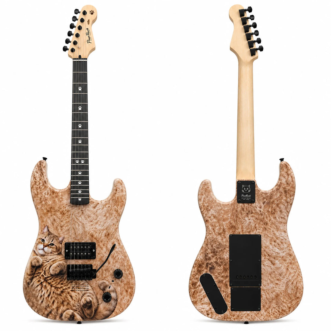 Front and back views of an electric guitar with a natural burl wood finish, featuring a detailed tabby cat graphic printed on the lower half of the front body. The guitar has a black neck, black pickups, and black control plates.