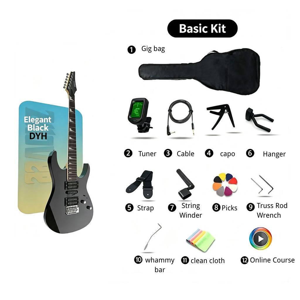 Norlyth GX190 electric guitar basic kit on a white background, showing the black guitar body, a black gig bag, tuner, cable, capo, hanger, straps, string winder, picks, truss rod wrench, whammy bar, cleaning cloth, and an online course icon. Text labels each included item.