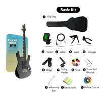 Norlyth GX190 electric guitar basic kit on a white background, showing the black guitar body, a black gig bag, tuner, cable, capo, hanger, straps, string winder, picks, truss rod wrench, whammy bar, cleaning cloth, and an online course icon. Text labels each included item.