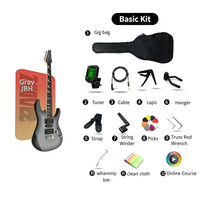 Norlyth GX190 Electric guitar basic kit on a white background, featuring a gray JBH electric guitar, a black gig bag, tuner, cable, capo, hanger, guitar straps, string winder, picks, truss rod wrench, whammy bar, cleaning cloth, and an online course icon.