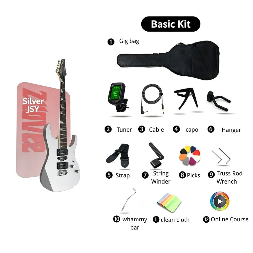 GX190_Silver_ electric guitar basic kit on a white background, featuring a silver electric guitar, pink carrying case, black gig bag, tuner, cable, capo, hanger, picks, strap, string winder, truss rod wrench, whammy bar, and a clean cloth, with an online course icon.