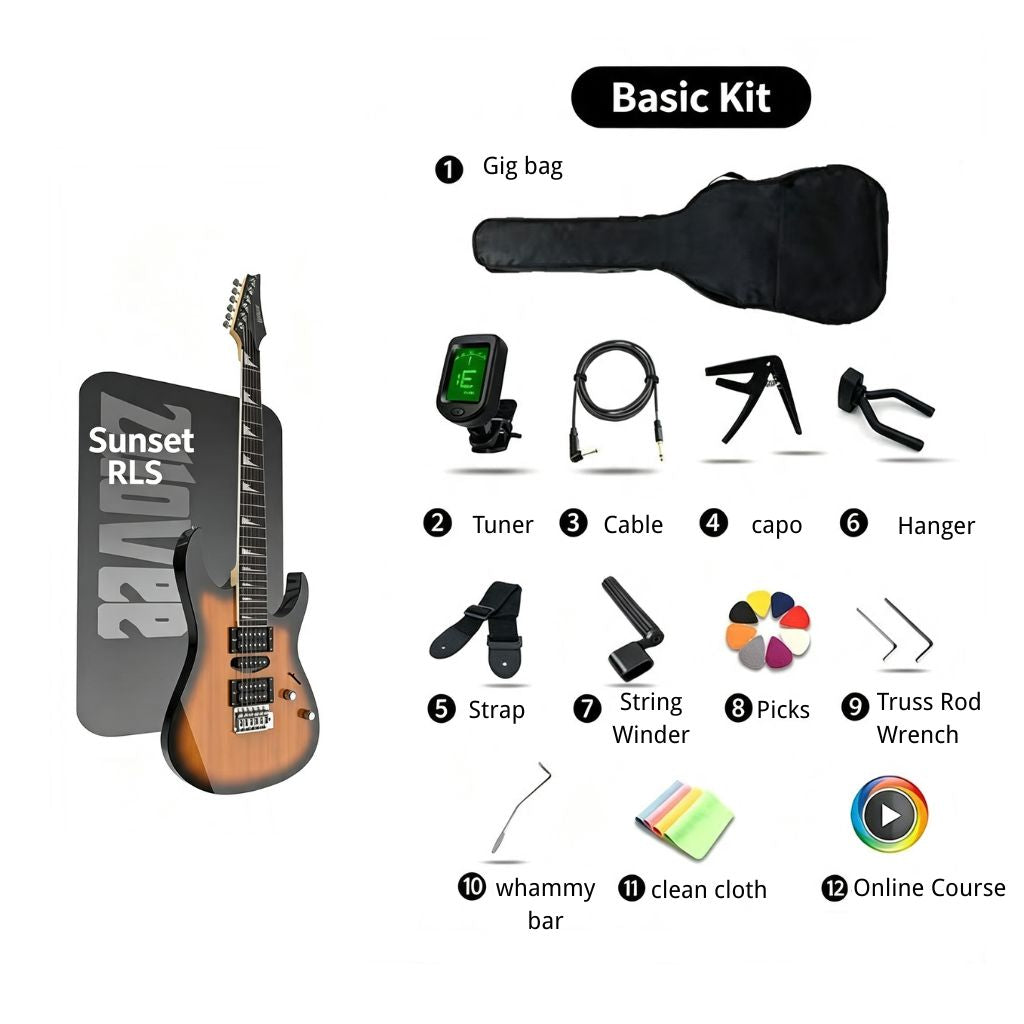 Norlyth GX190 electric guitar basic kit on a white background, showing the guitar, gig bag, tuner, cable, capo, hanger, picks, strap, string winder, truss rod wrench, whammy bar, clean cloth, and an online course icon, with labels for a &