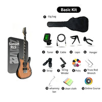Norlyth GX190 electric guitar basic kit on a white background, showing the guitar, gig bag, tuner, cable, capo, hanger, picks, strap, string winder, truss rod wrench, whammy bar, clean cloth, and an online course icon, with labels for a 'Basic Kit' and 'Sunset RLS'.