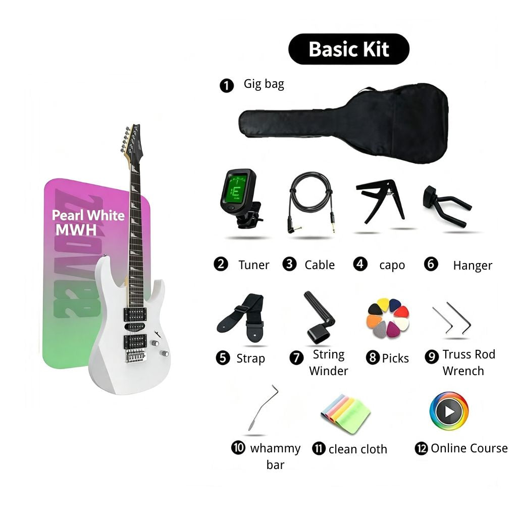 Norlyth GX190 basic kit layout on a white background, featuring a white electric guitar next to a pink-to-green gradient box labeled &