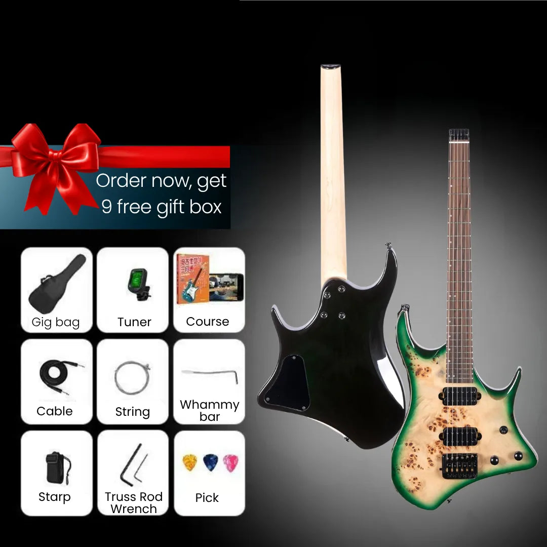 Two electric guitars shown on a dark gradient background with promotional text and accessory icons. The left guitar is shown from the back in glossy black, and the right guitar shows the front in green with a natural wood grain top.