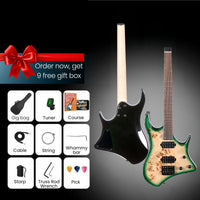 Two electric guitars shown on a dark gradient background with promotional text and accessory icons. The left guitar is shown from the back in glossy black, and the right guitar shows the front in green with a natural wood grain top.