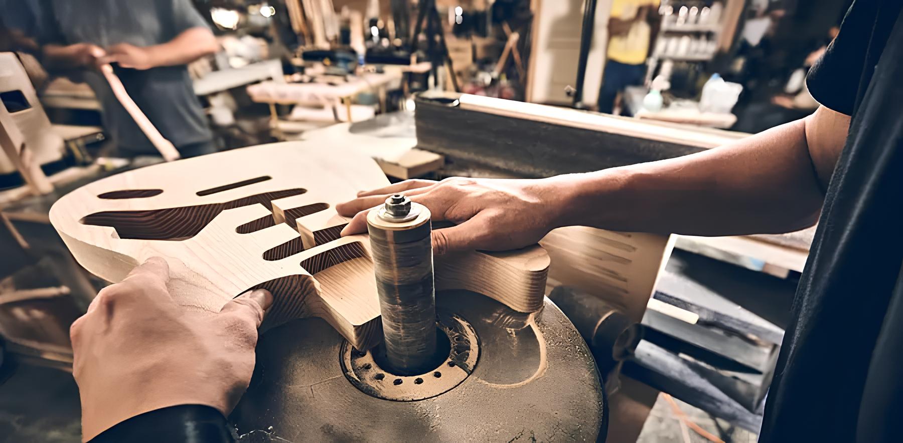 Person using a spray can on a wooden product in a workshop setting