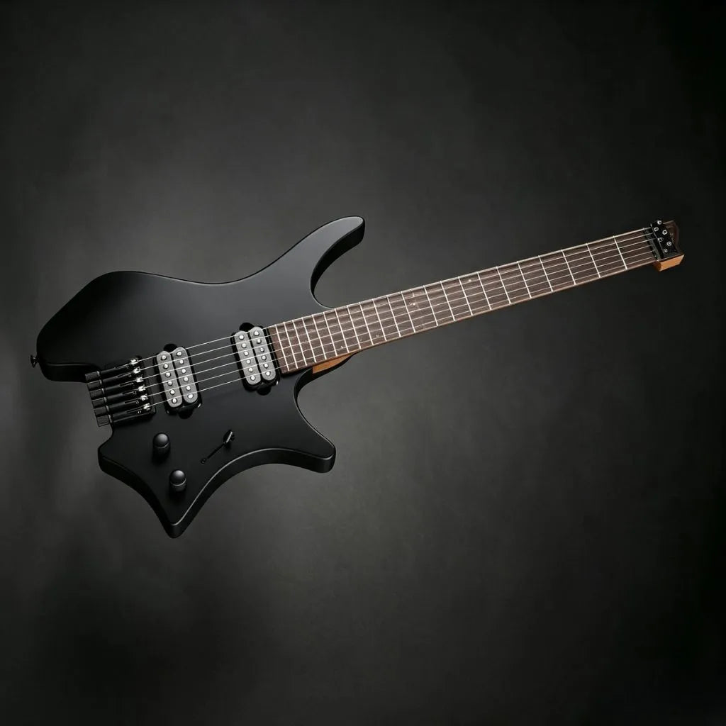 A Norlyth headless electric guitar with a unique star-shaped body, shown diagonally against a dark gray gradient background.